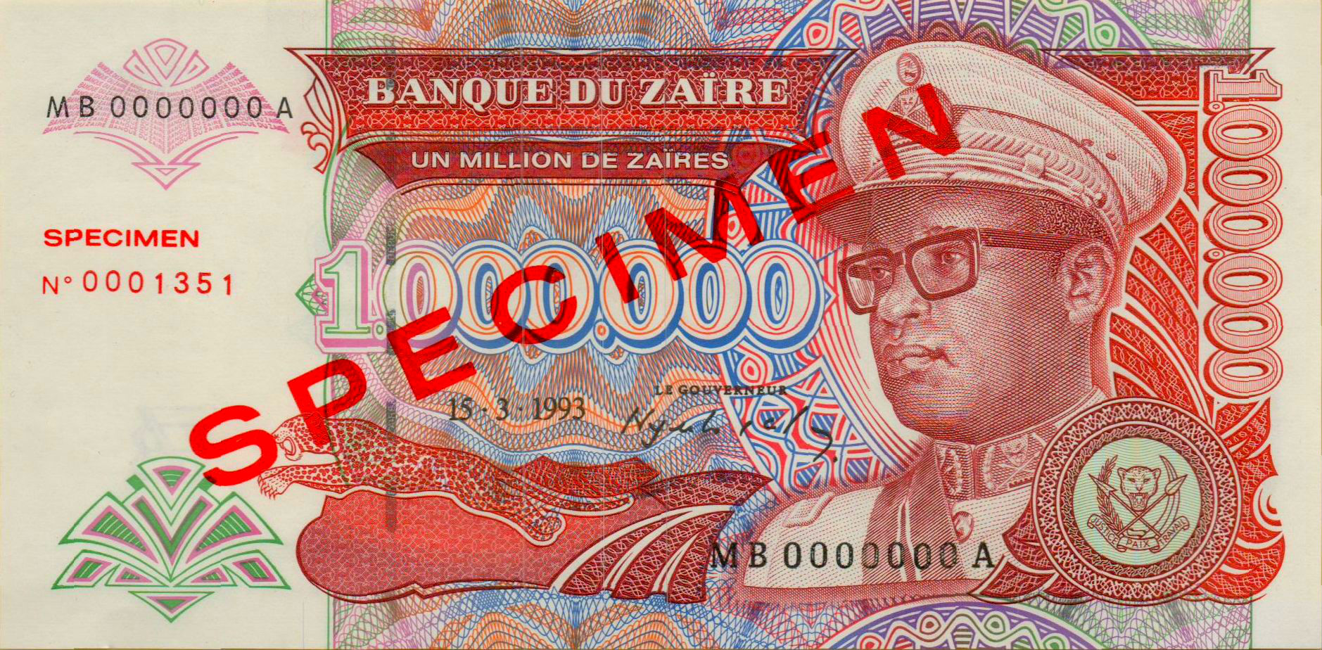 Zaire 1000000 1993 UNC P-45/aS [Specimen]